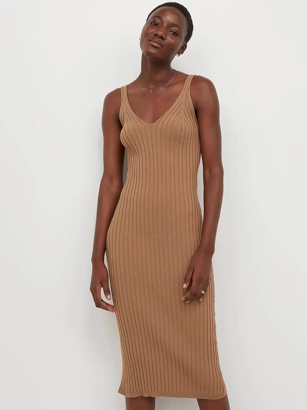 Zara Tan Ribbed Midi Dress - Sleeveless V-Neck